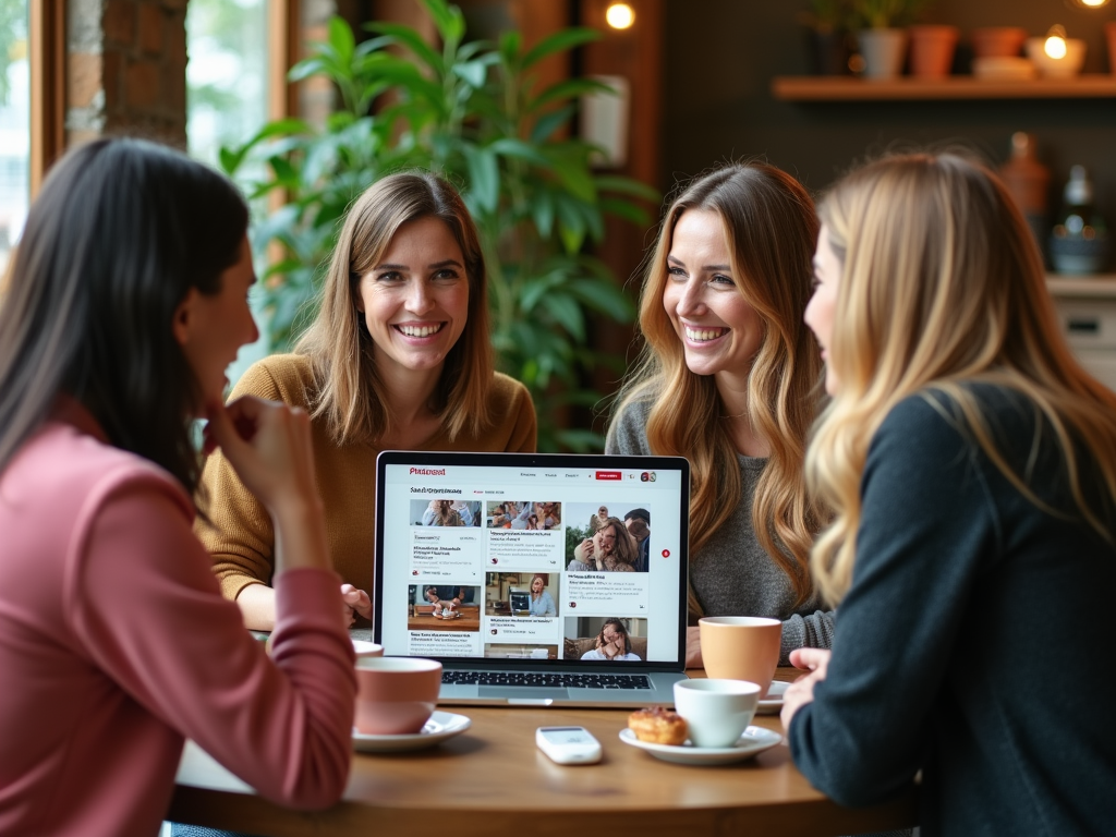 Four women are gathered around a laptop, smiling and engaging with Pinterest content, coffee cups in front of them.