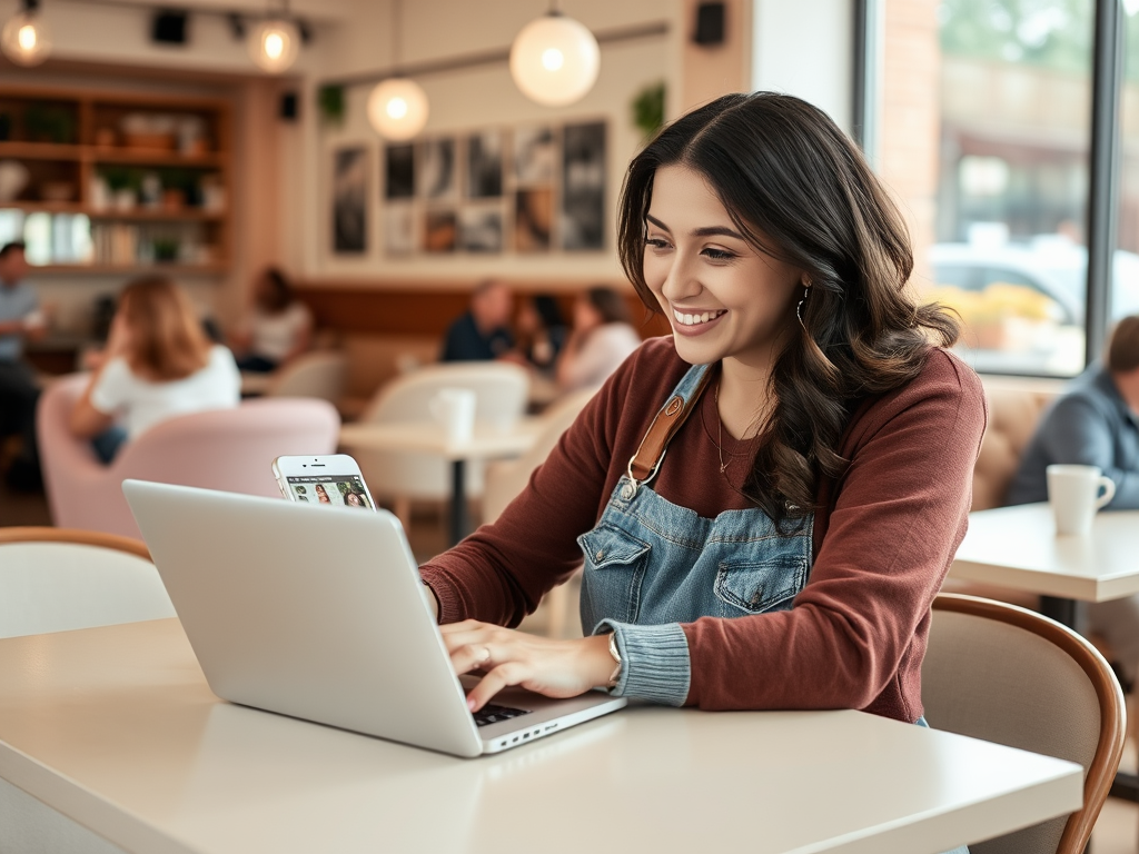 A young woman smiles while working on a laptop in a cozy café, with a phone beside her displaying images.