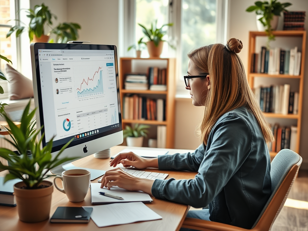 A woman works on a computer at her desk, analyzing graphs and data in a cozy, plant-filled workspace.