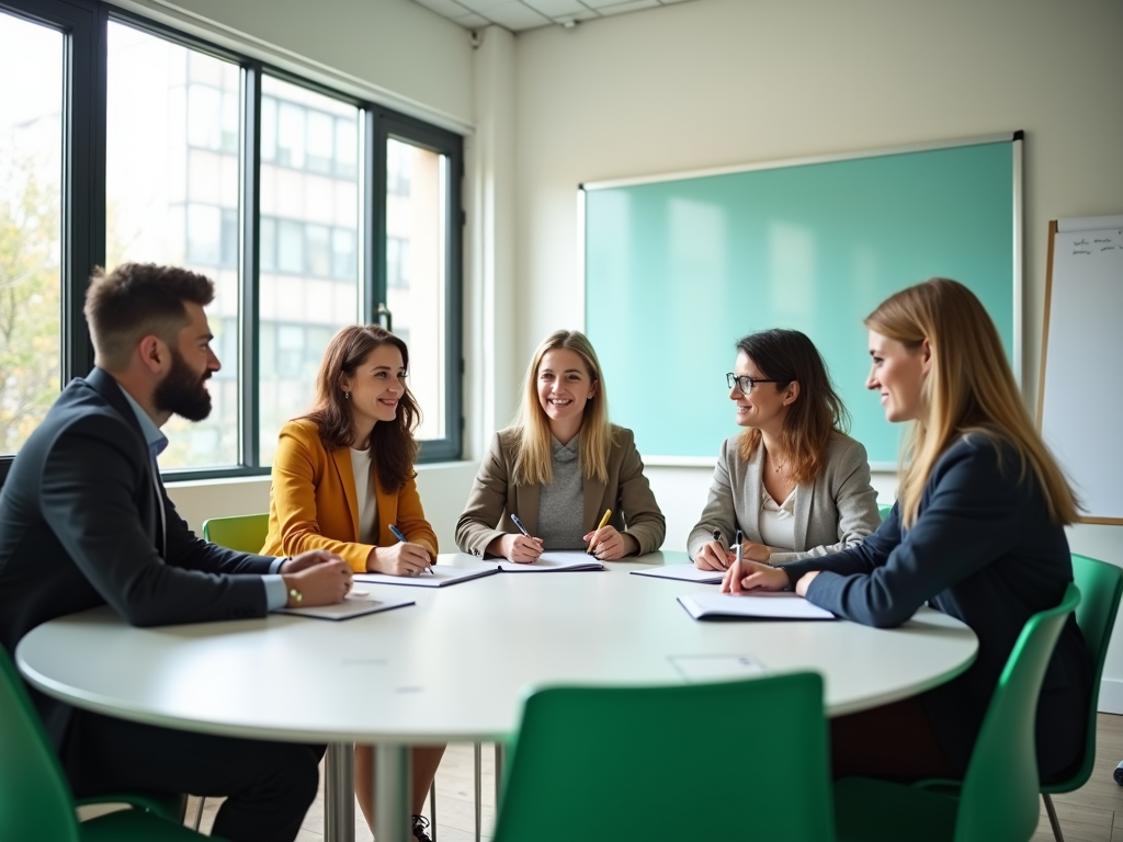 A diverse group of five professionals engages in a meeting around a table, smiling and taking notes.