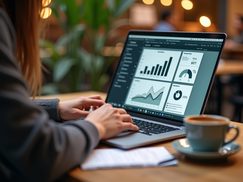 Woman analyzing data on laptop with graphics and charts at a cafe table with a coffee cup.