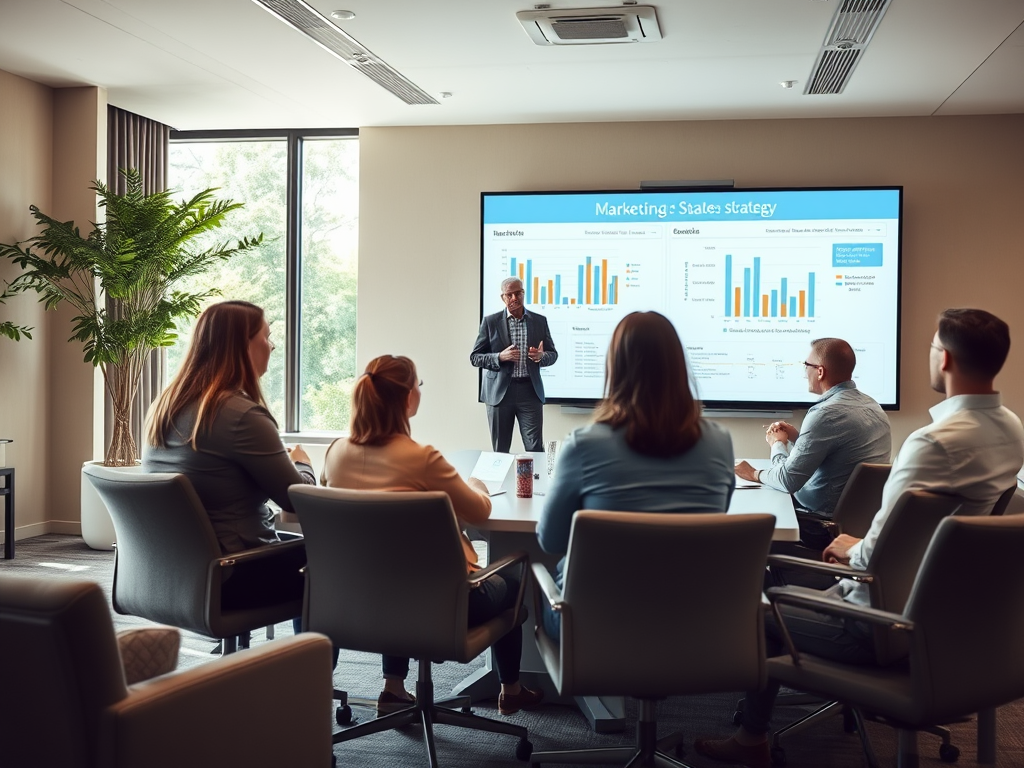 A business meeting in a modern conference room with a presenter discussing marketing and sales strategies.