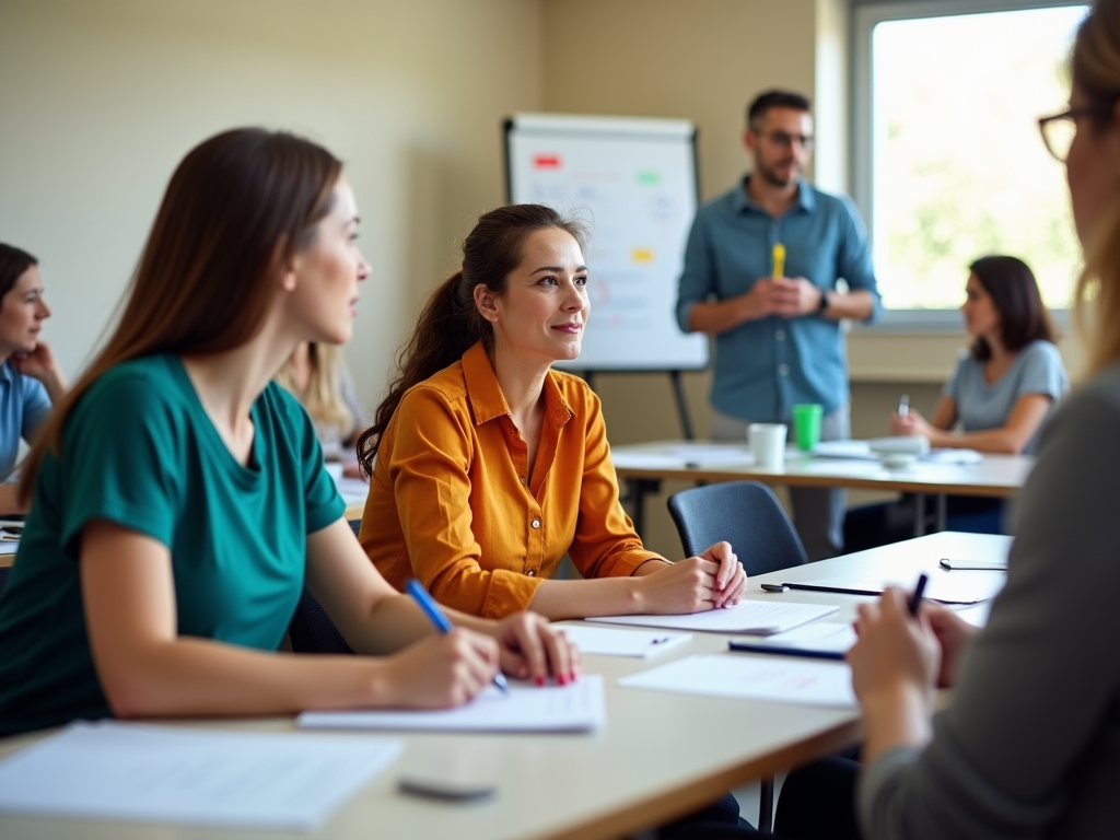 Students engaging in a lively classroom discussion while the instructor presents from a whiteboard.