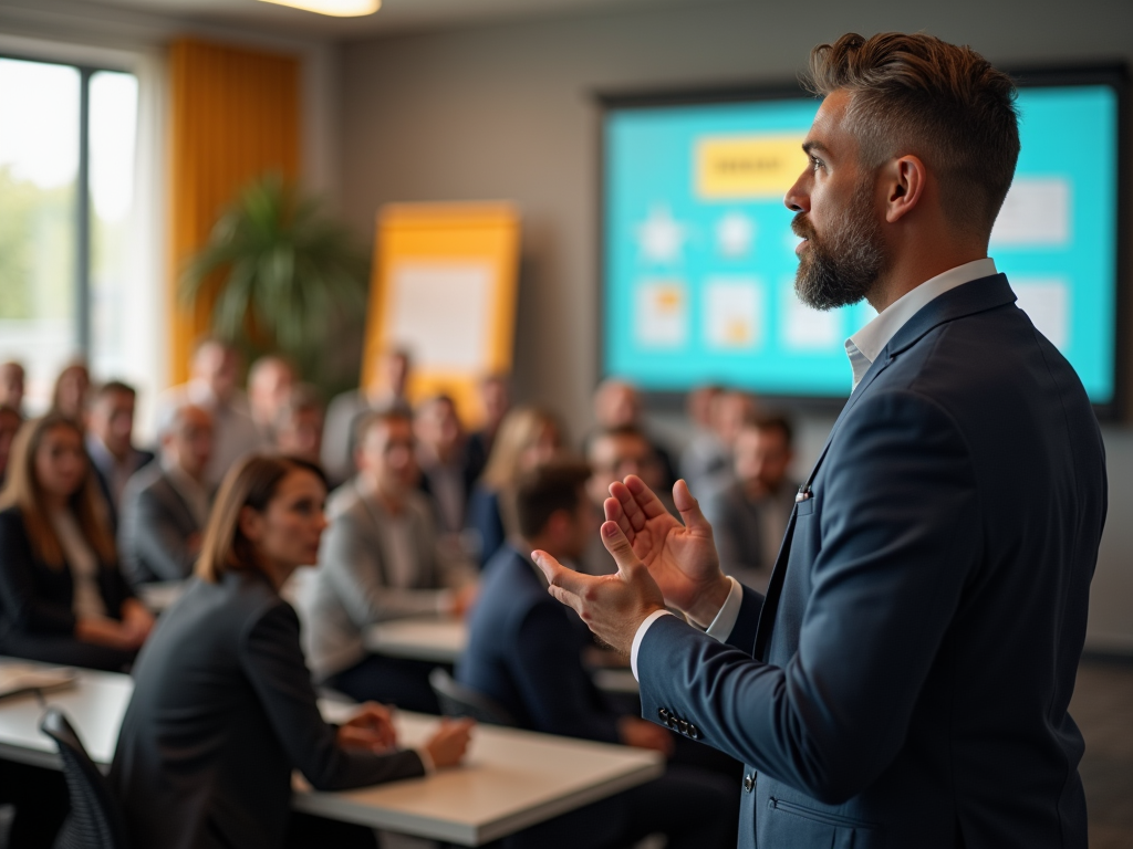 Businessman presenting to an audience in a modern conference room.