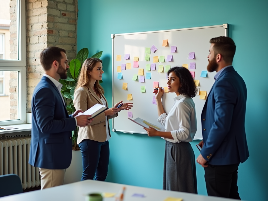 A team of four professionals discusses ideas in a bright room, using a whiteboard filled with colorful sticky notes.