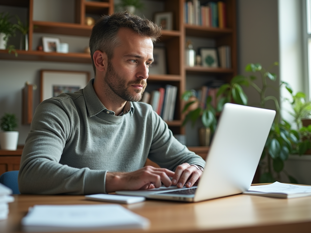 Man working on laptop in a cozy home office with bookshelves and plants.