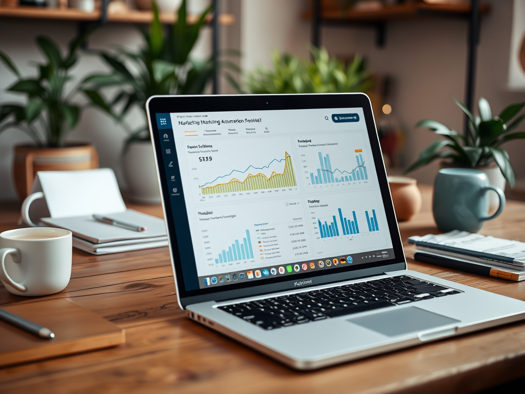 A laptop displaying marketing analytics, surrounded by plants, coffee, and stationery in a cozy workspace.