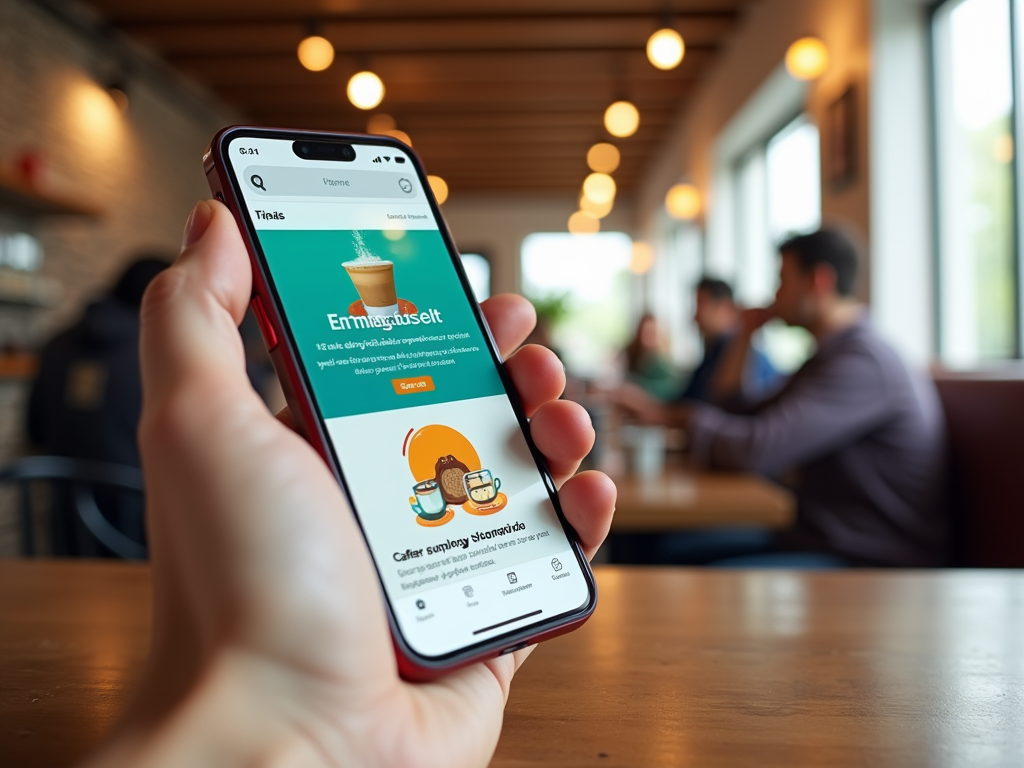 Person holding a smartphone with a coffee ordering app open, in a cozy cafe setting.