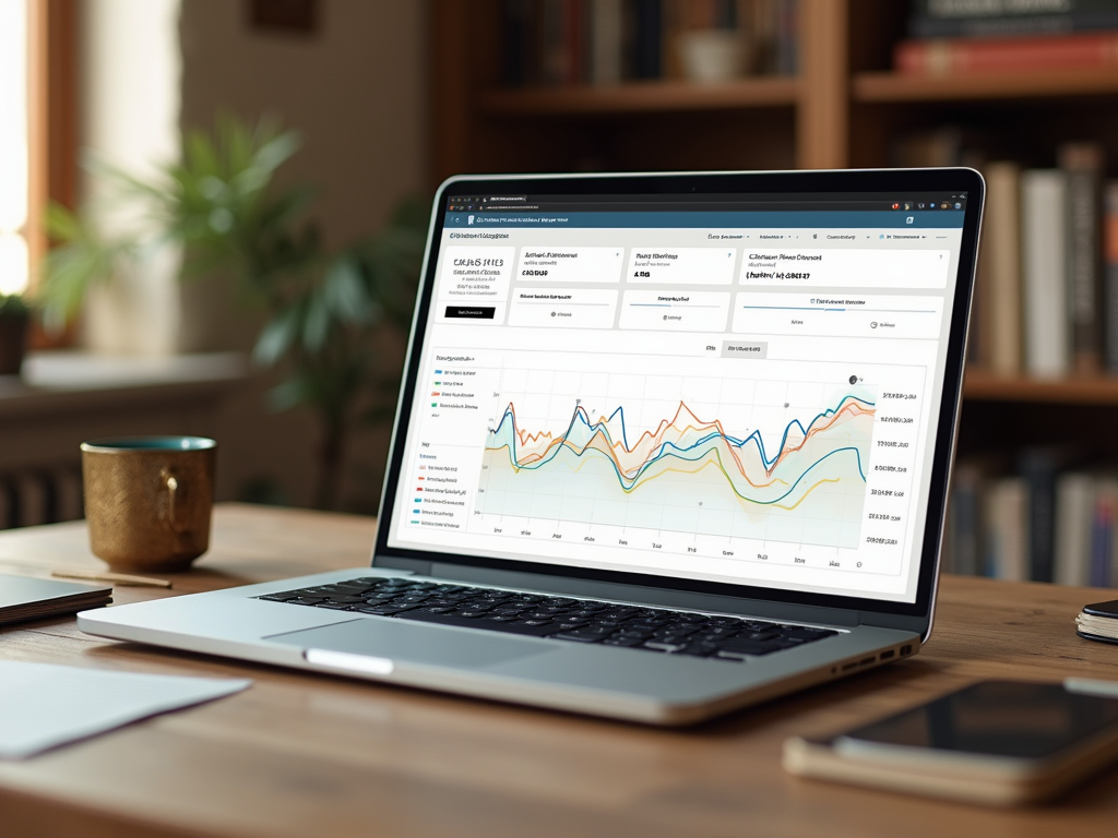 A laptop on a wooden desk displays colorful line graphs and data analytics, with a cup and notebook nearby.