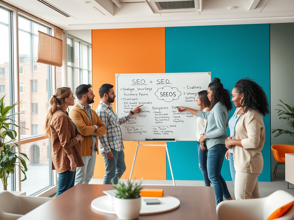 A diverse group discusses SEO strategies in a bright office with a whiteboard and colorful walls.