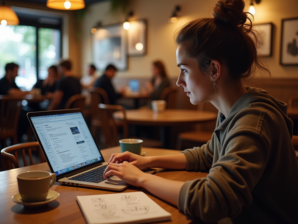 A focused woman types on a laptop in a cafe, with coffee cups and sketch notes on a wooden table.