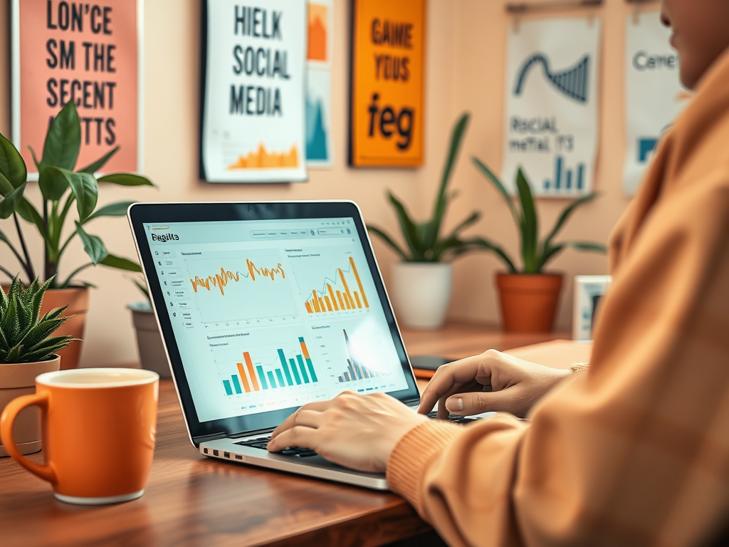 A person types on a laptop displaying data charts, with plants and colorful posters in a cozy workspace.