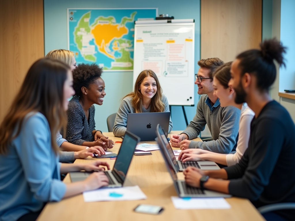 Diverse group of professionals smiling and discussing around a laptop in a meeting room.