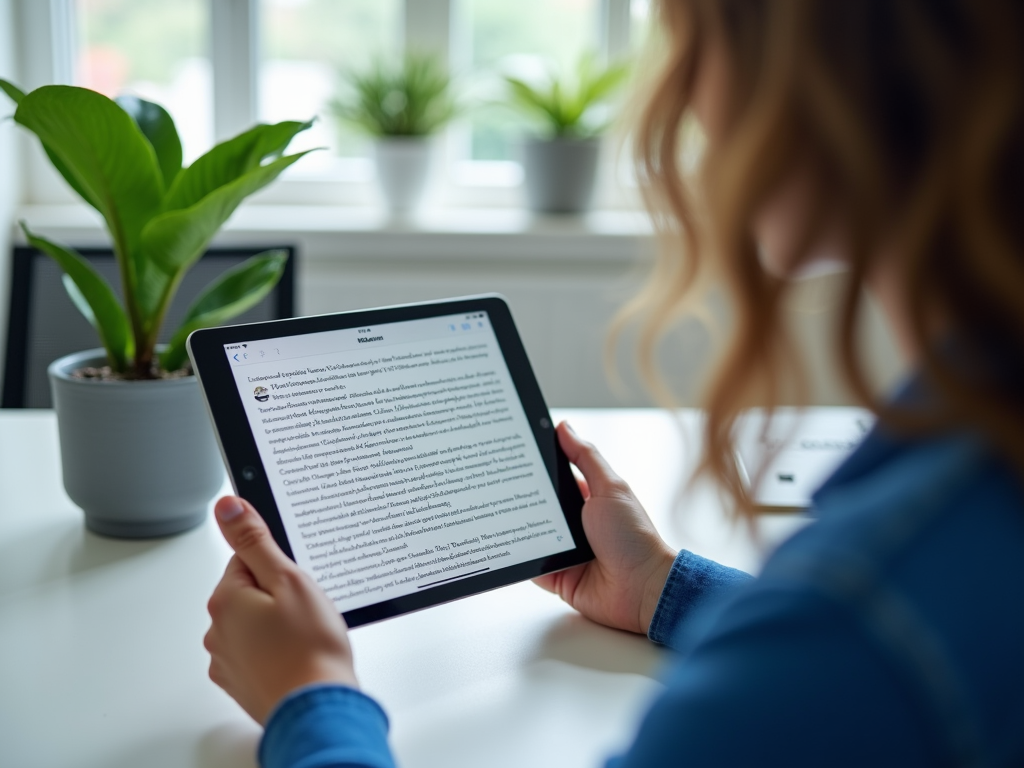 A person holds a tablet displaying text, while surrounded by plants in a bright indoor setting.