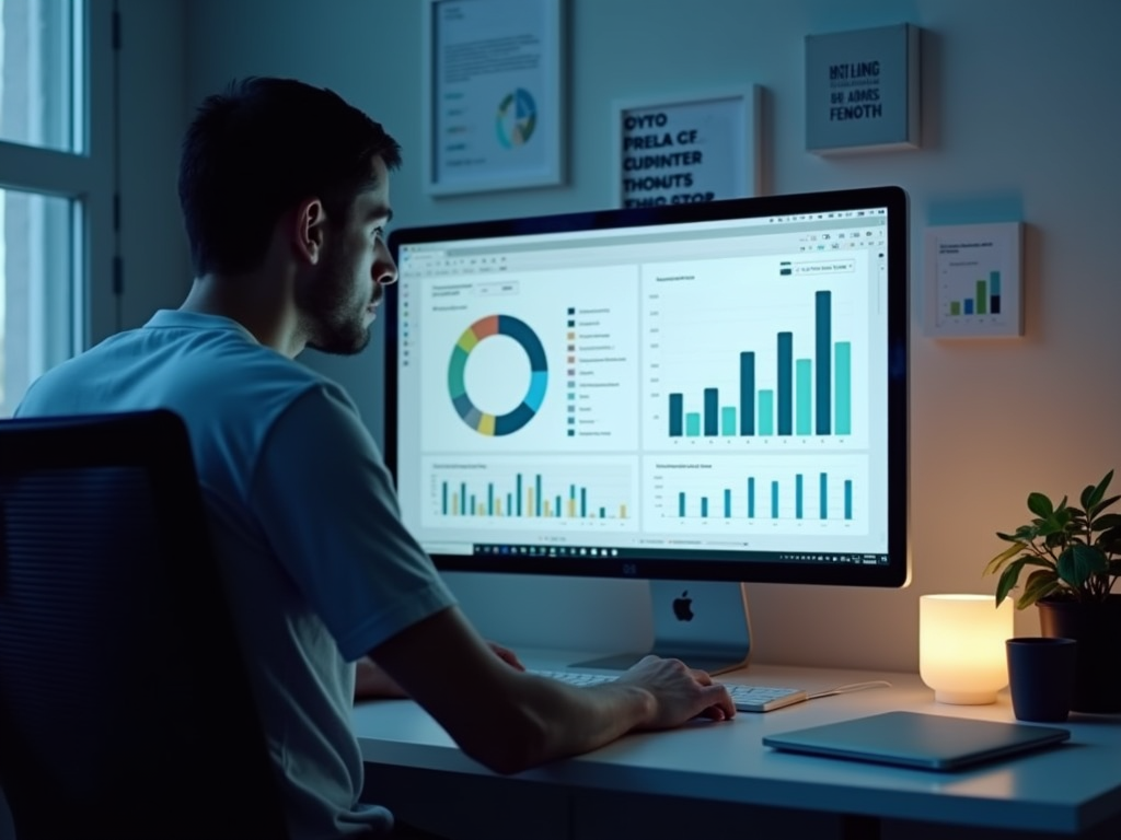 Man analyzes data charts on computer screens in a dimly lit office.