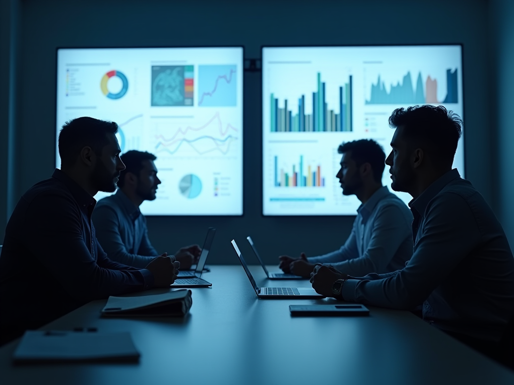 Four business professionals in a dark room focus on financial data displayed on screens.