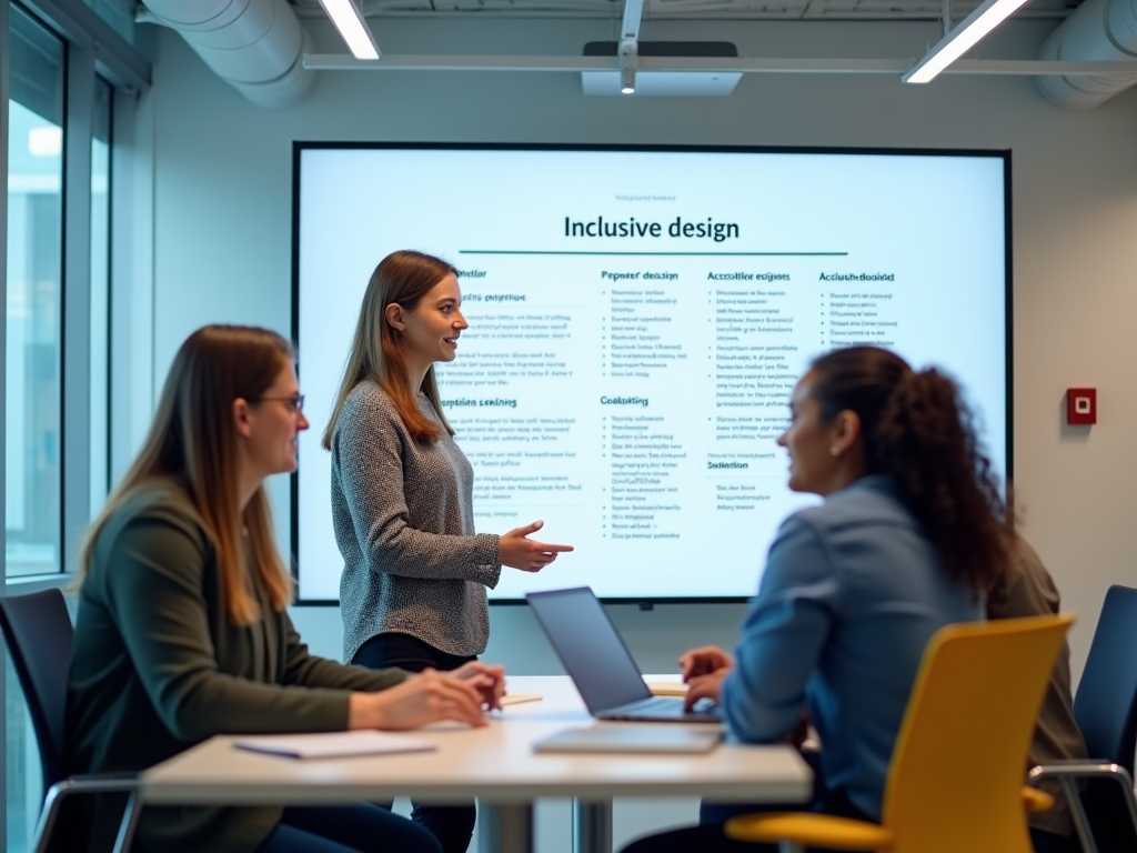 Three women in a meeting, one presenting on 'Inclusive Design,' viewed on a large screen.