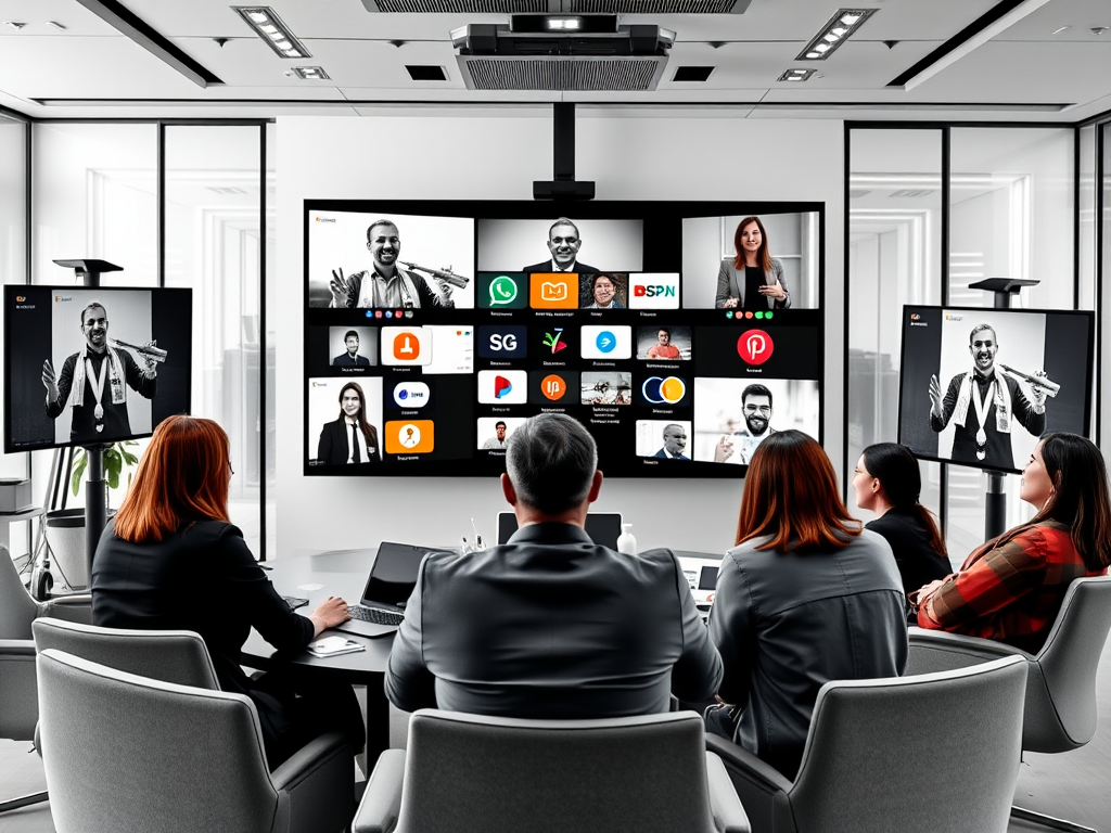 A meeting room with a digital display showing multiple participants on screens, focusing on remote collaboration.