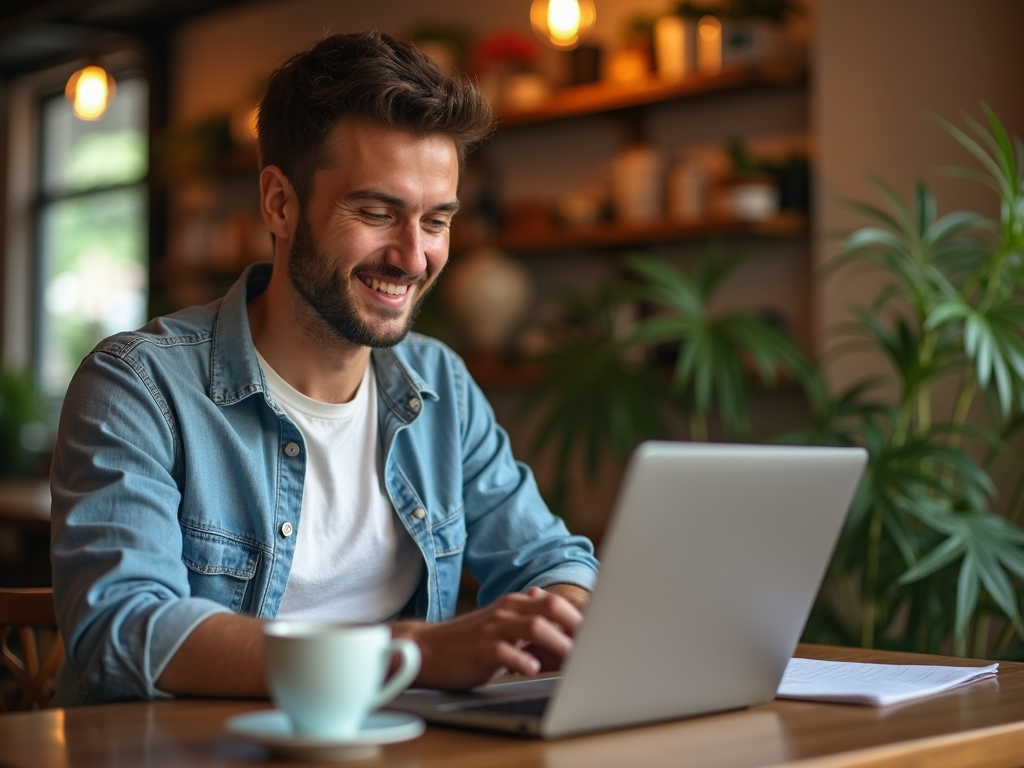 Man smiling and typing on a laptop in a cozy cafe with a cup of coffee.