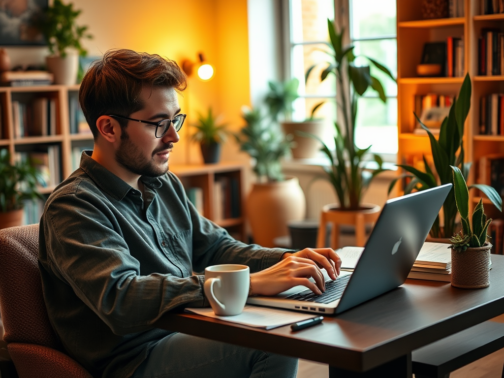 A man works on his laptop at a cozy desk surrounded by plants and books in a warm, inviting room.