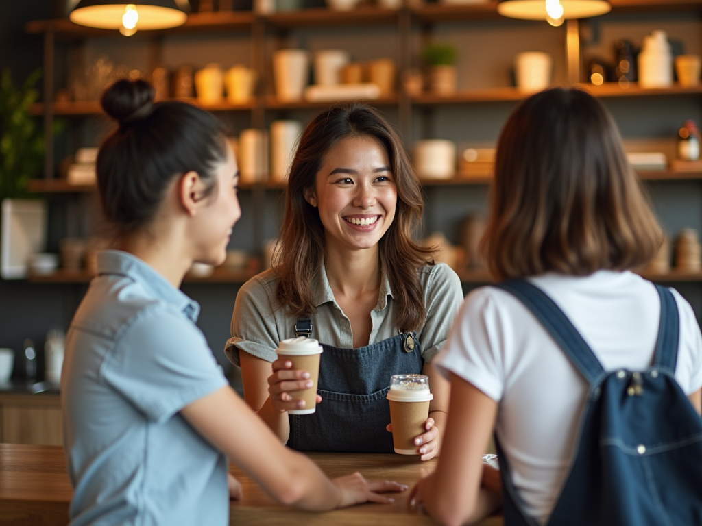 Barista smiling at customers with drinks in a cozy coffee shop.