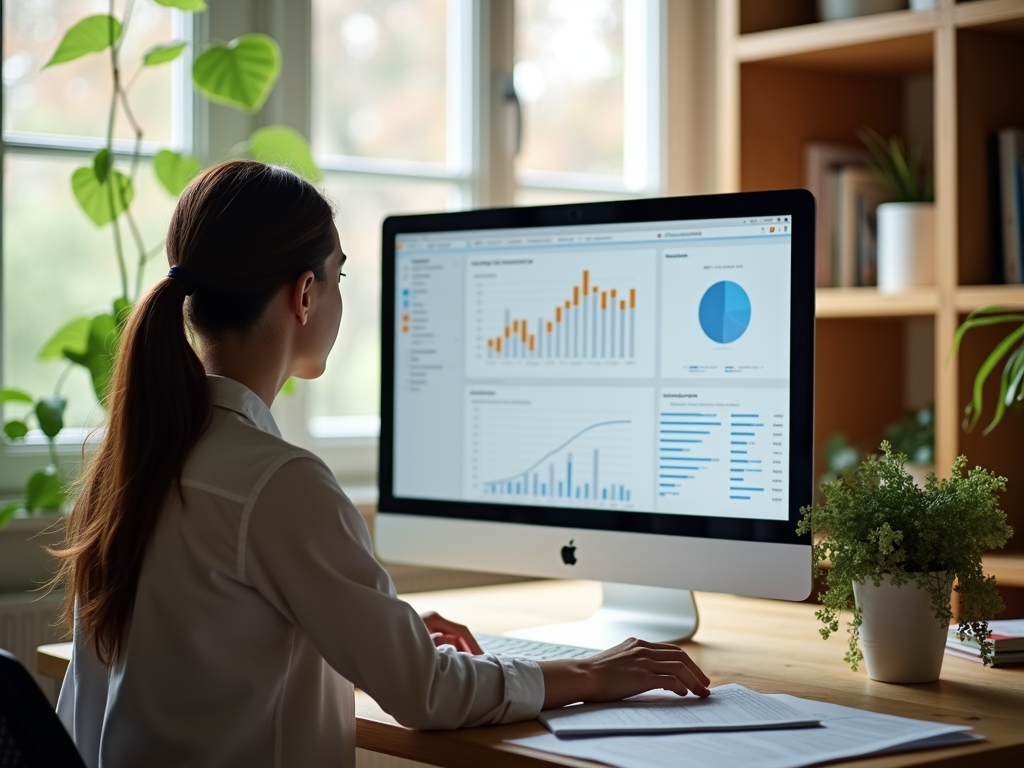 Woman analyzes financial data on computer screen in a plant-filled office.