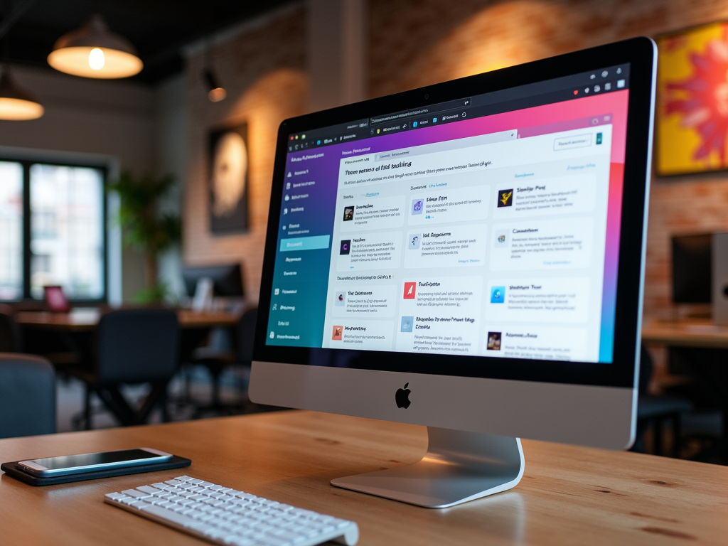 An iMac on a wooden desk displays a colorful interface with various app options, with a phone nearby.