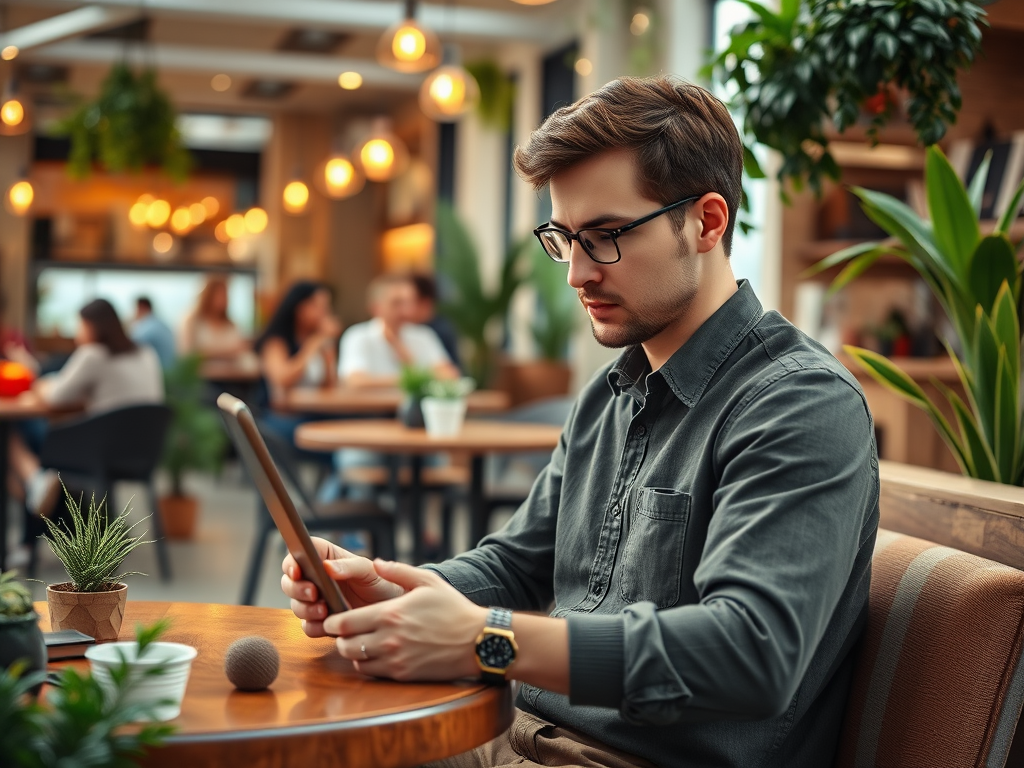 A young man with glasses sits at a café, focused on a digital tablet, surrounded by greenery and other patrons.