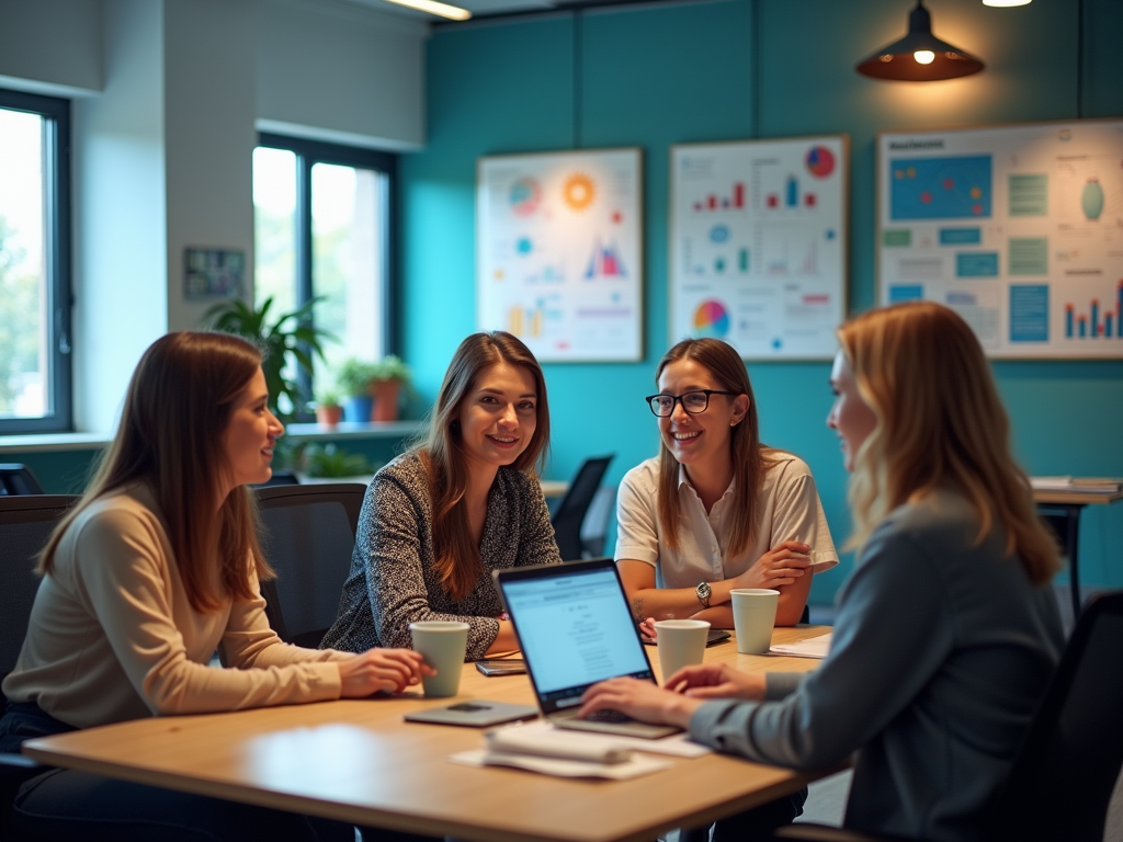 Four women discussing in a bright office with laptops and coffee, surrounded by colorful informational posters.