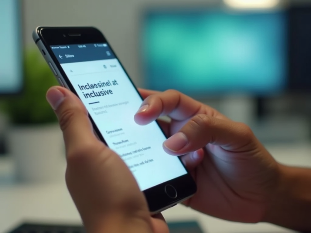 Close-up of hands using a smartphone to browse a webpage titled "Inclăsinel și inclusive".