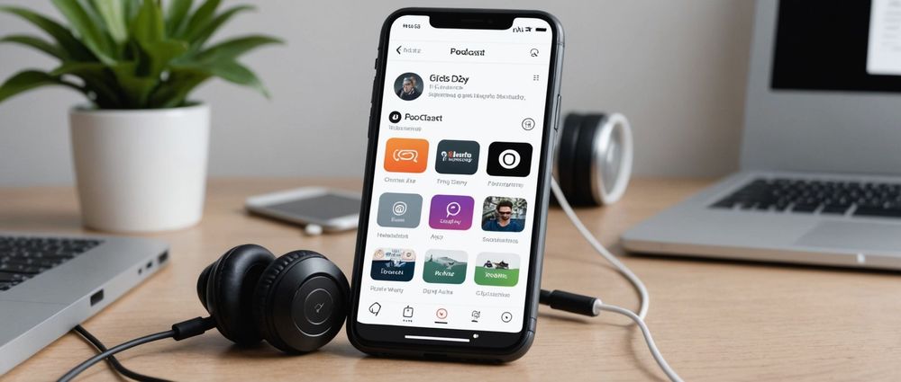 Смартфон на столе с открытым приложением для подкастов, наушники и ноутбук рядом.